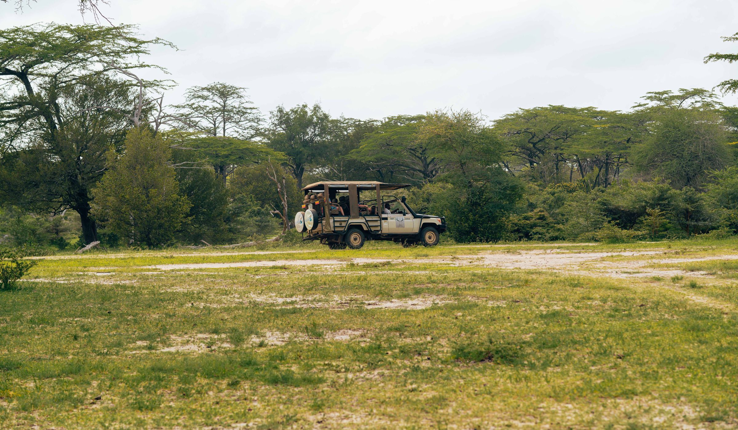 Safari vehicle crossing open wilderness